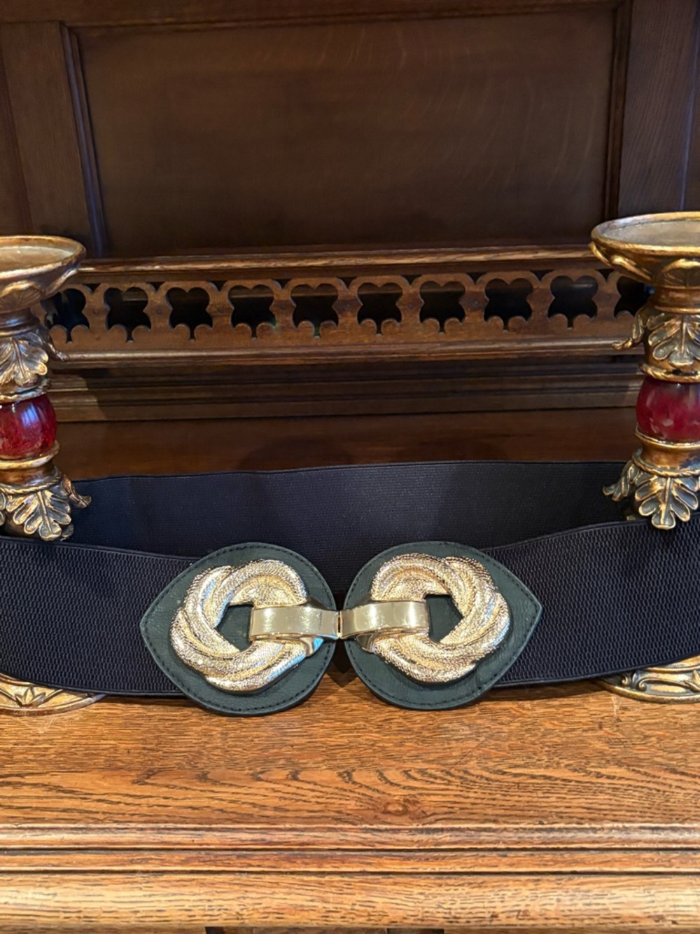Black Elastic Waist Belt with Gold Braided-Link Buckle